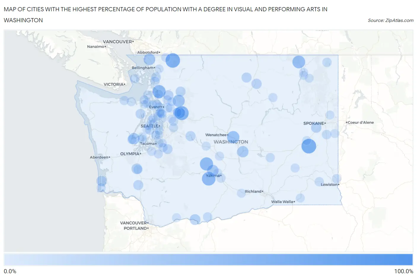 Cities with the Highest Percentage of Population with a Degree in Visual and Performing Arts in Washington Map