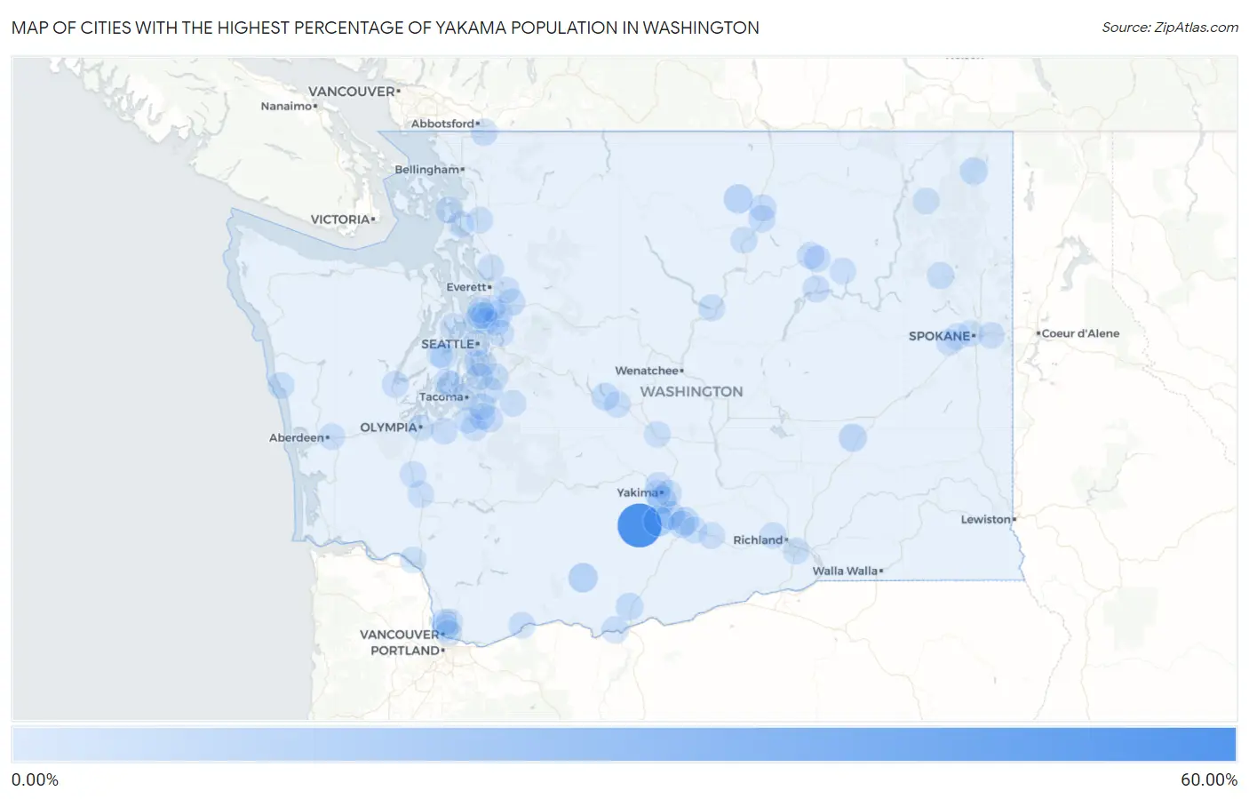 Cities with the Highest Percentage of Yakama Population in Washington Map
