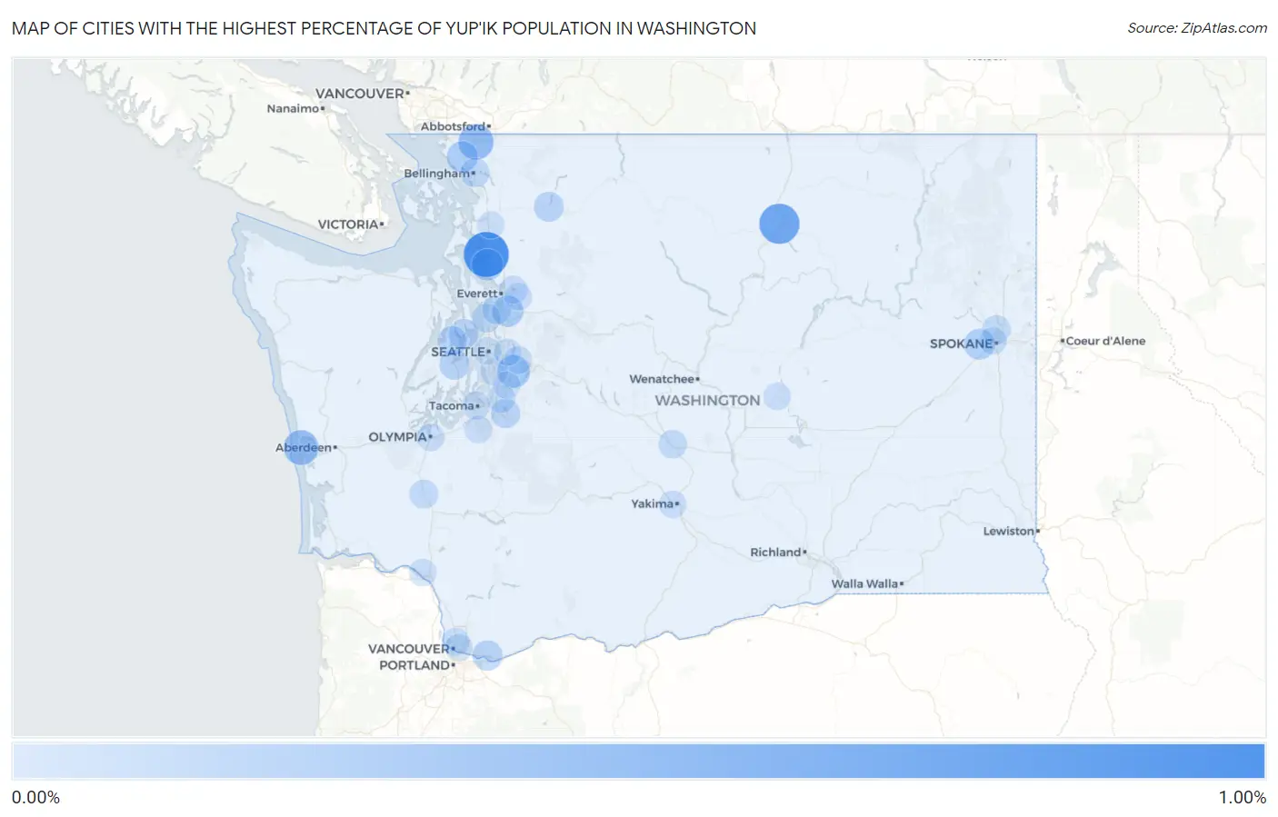 Cities with the Highest Percentage of Yup'ik Population in Washington Map