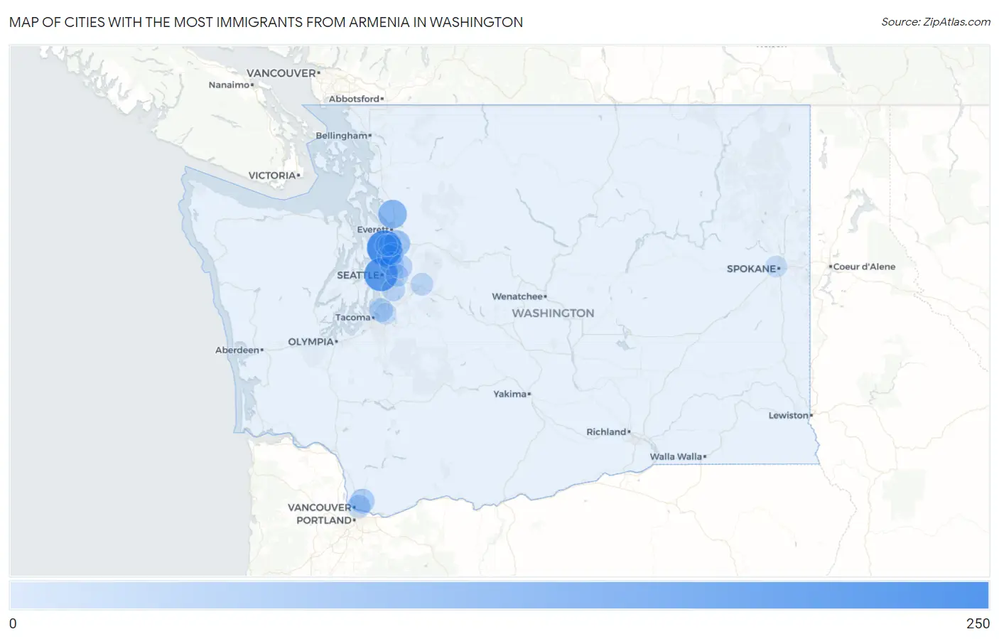Cities with the Most Immigrants from Armenia in Washington Map