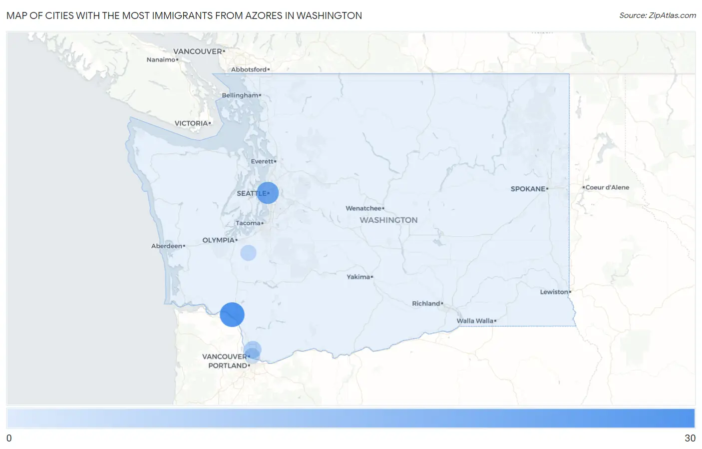 Cities with the Most Immigrants from Azores in Washington Map