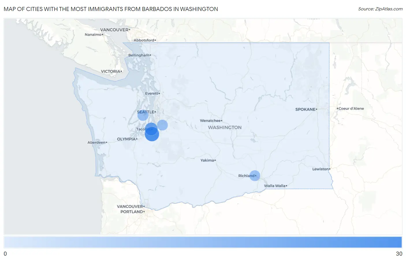 Cities with the Most Immigrants from Barbados in Washington Map