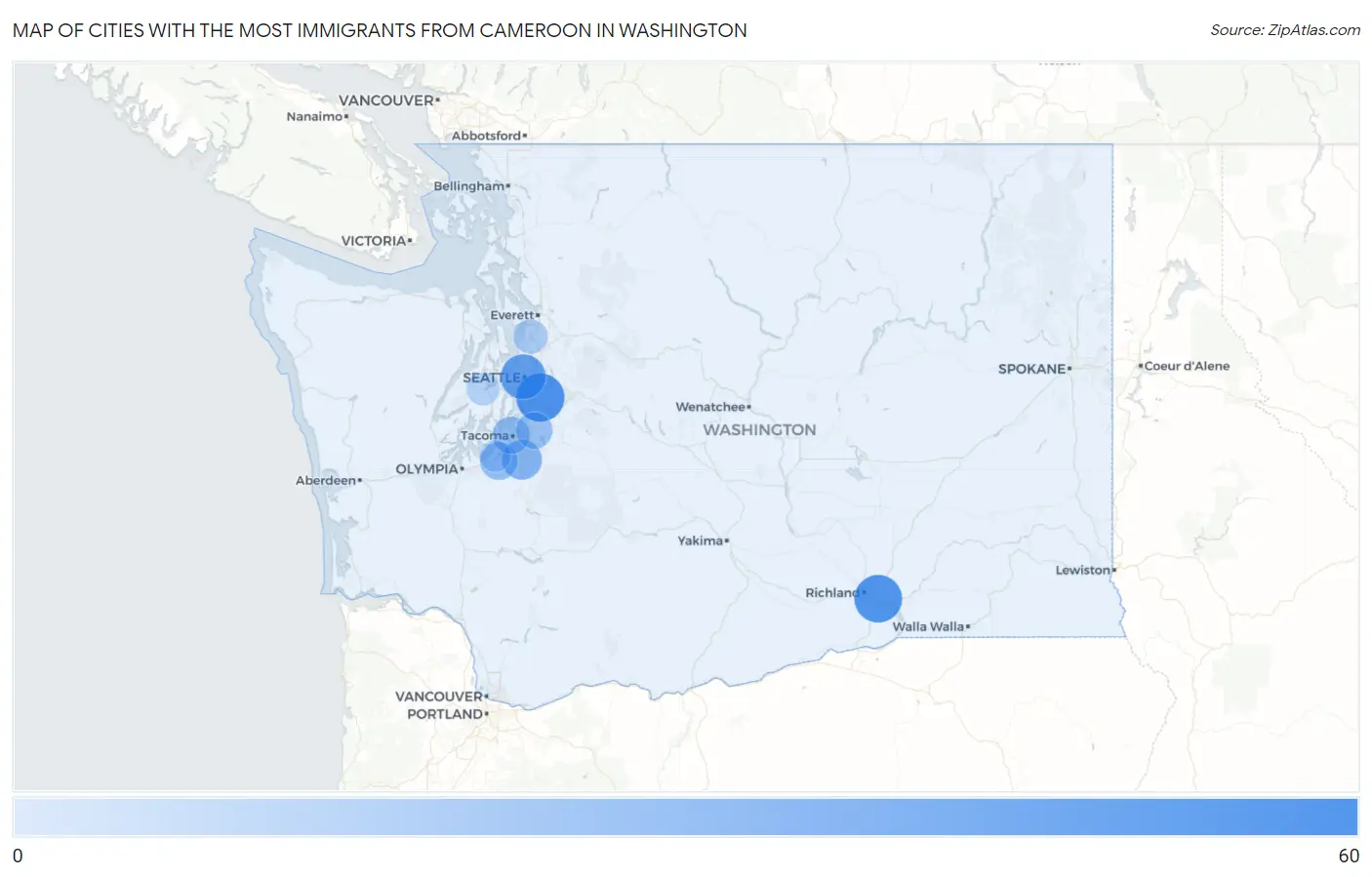 Cities with the Most Immigrants from Cameroon in Washington Map