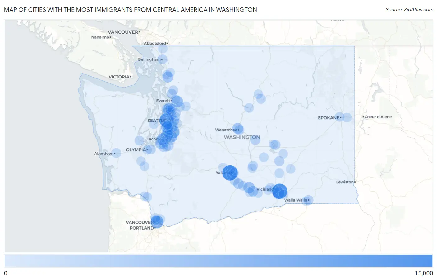Cities with the Most Immigrants from Central America in Washington Map