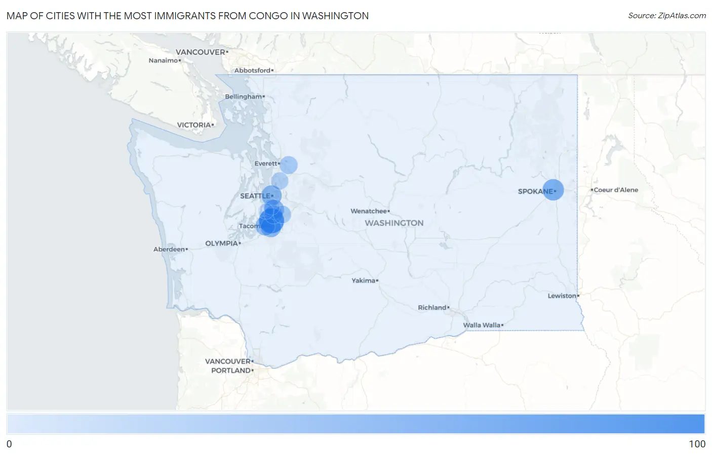 Cities with the Most Immigrants from Congo in Washington Map