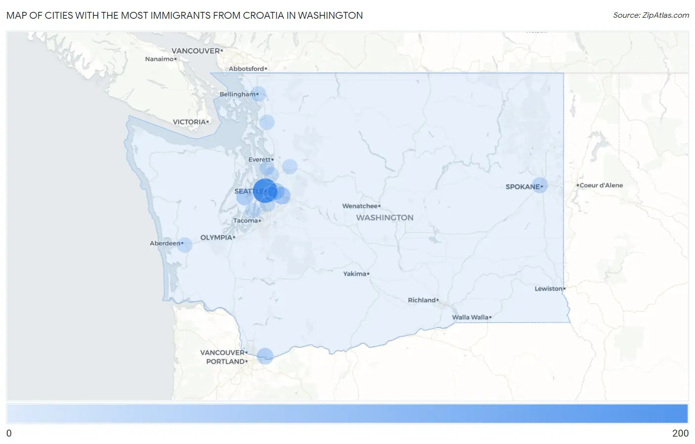 Cities with the Most Immigrants from Croatia in Washington Map