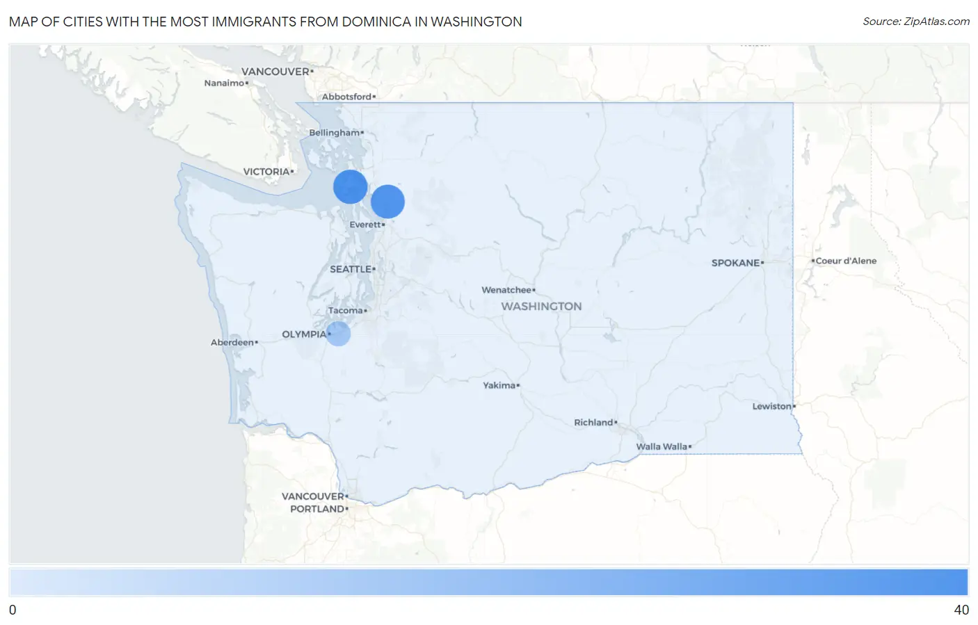 Cities with the Most Immigrants from Dominica in Washington Map