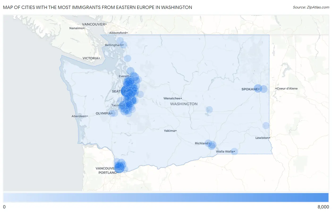 Cities with the Most Immigrants from Eastern Europe in Washington Map
