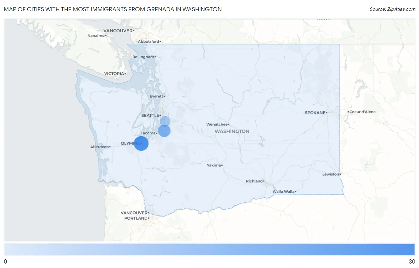 Cities with the Most Immigrants from Grenada in Washington Map