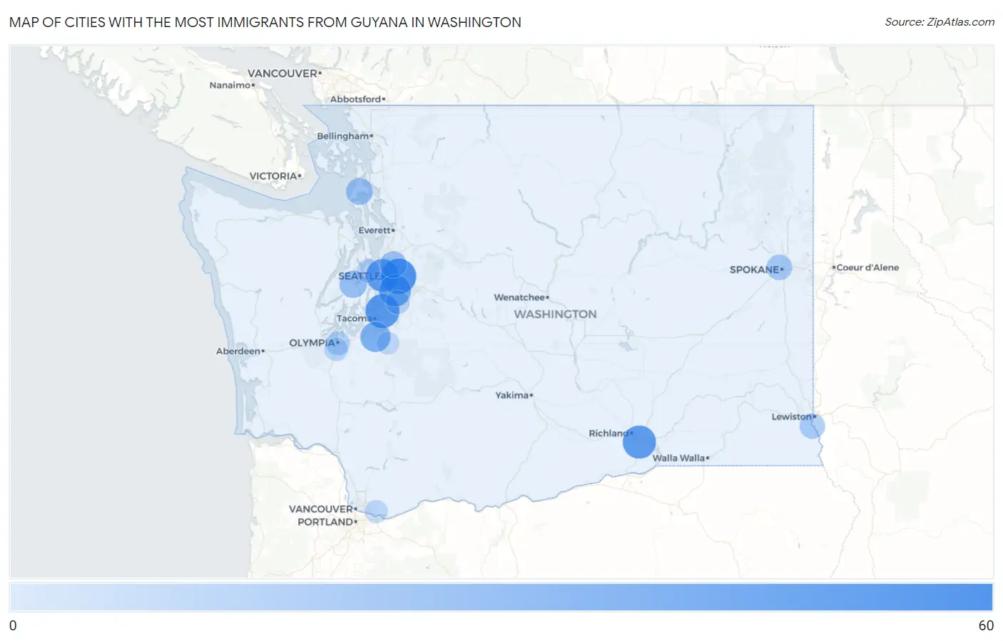 Cities with the Most Immigrants from Guyana in Washington Map