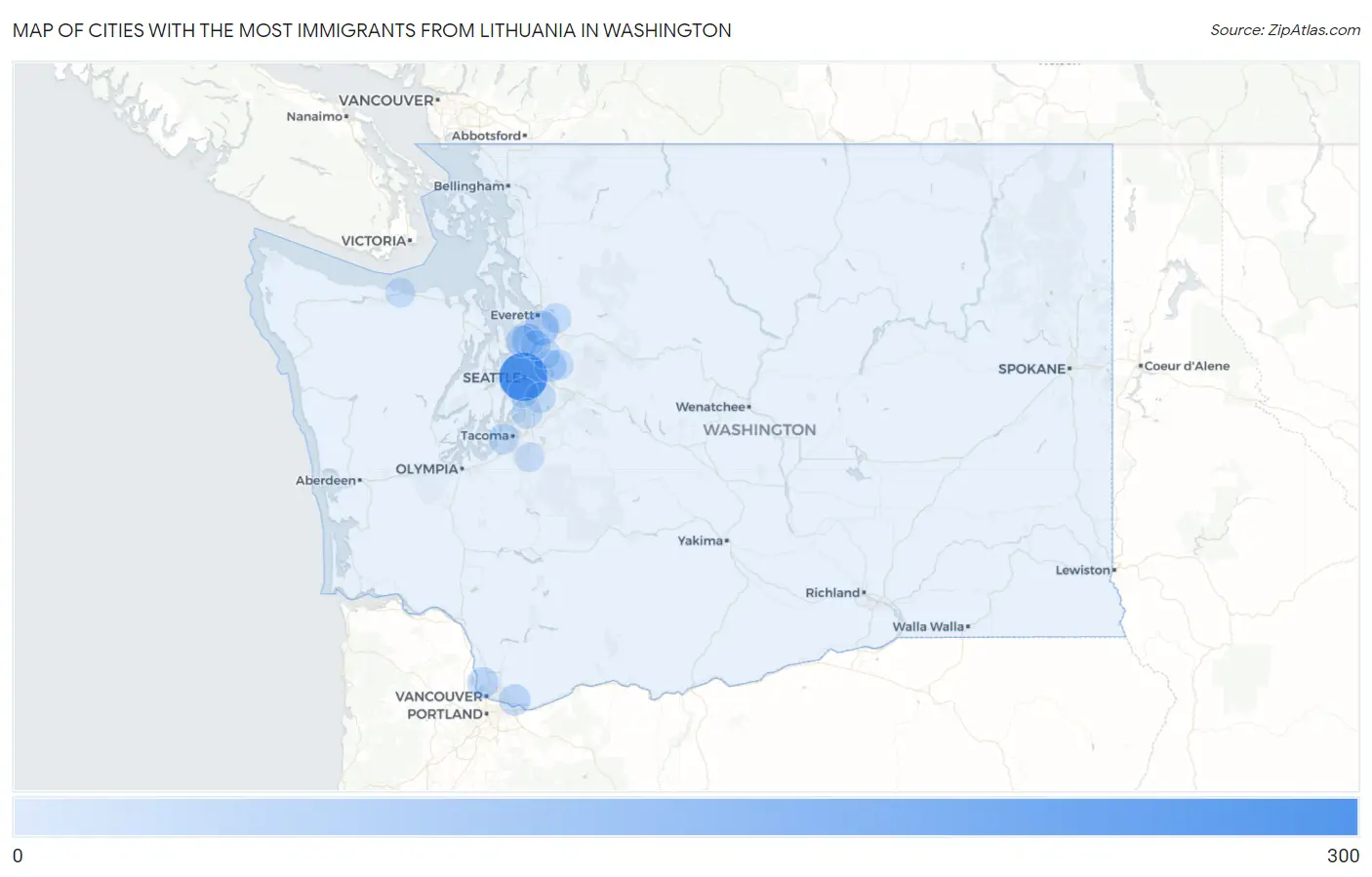 Cities with the Most Immigrants from Lithuania in Washington Map