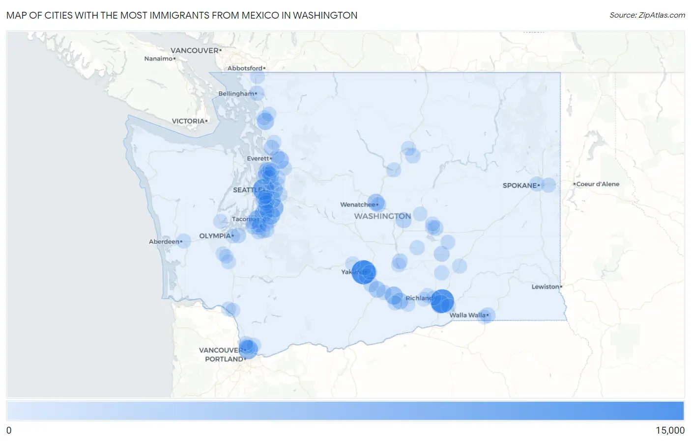 Cities with the Most Immigrants from Mexico in Washington Map