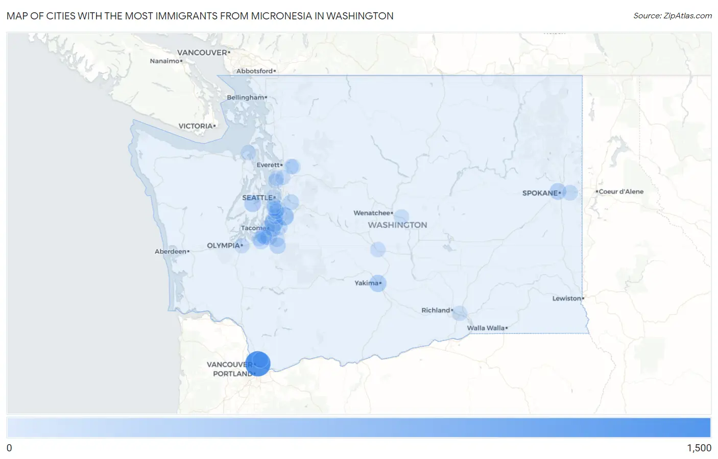 Cities with the Most Immigrants from Micronesia in Washington Map