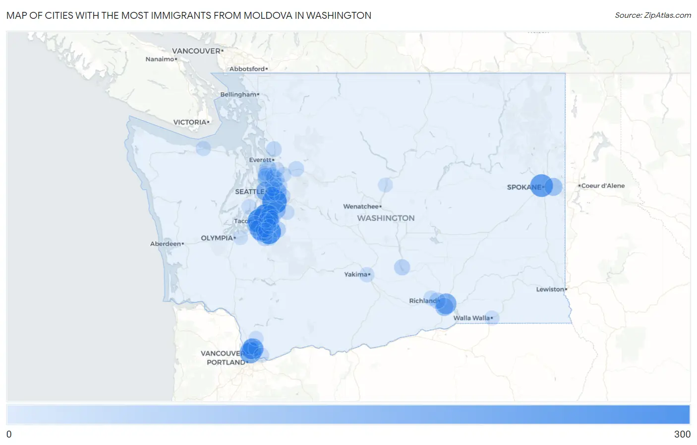 Cities with the Most Immigrants from Moldova in Washington Map