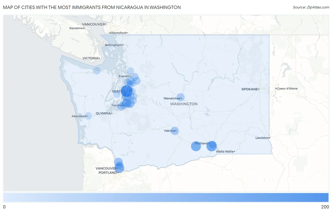 Cities with the Most Immigrants from Nicaragua in Washington Map