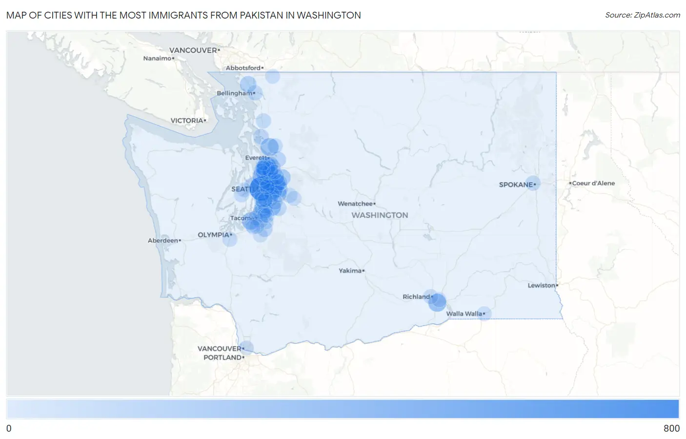 Cities with the Most Immigrants from Pakistan in Washington Map