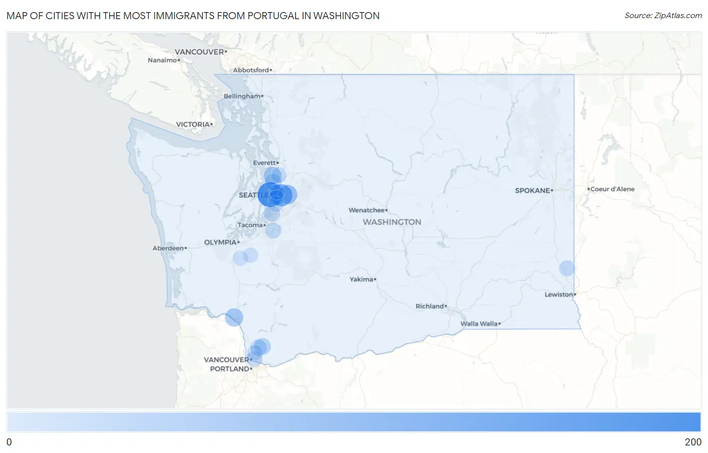 Cities with the Most Immigrants from Portugal in Washington Map