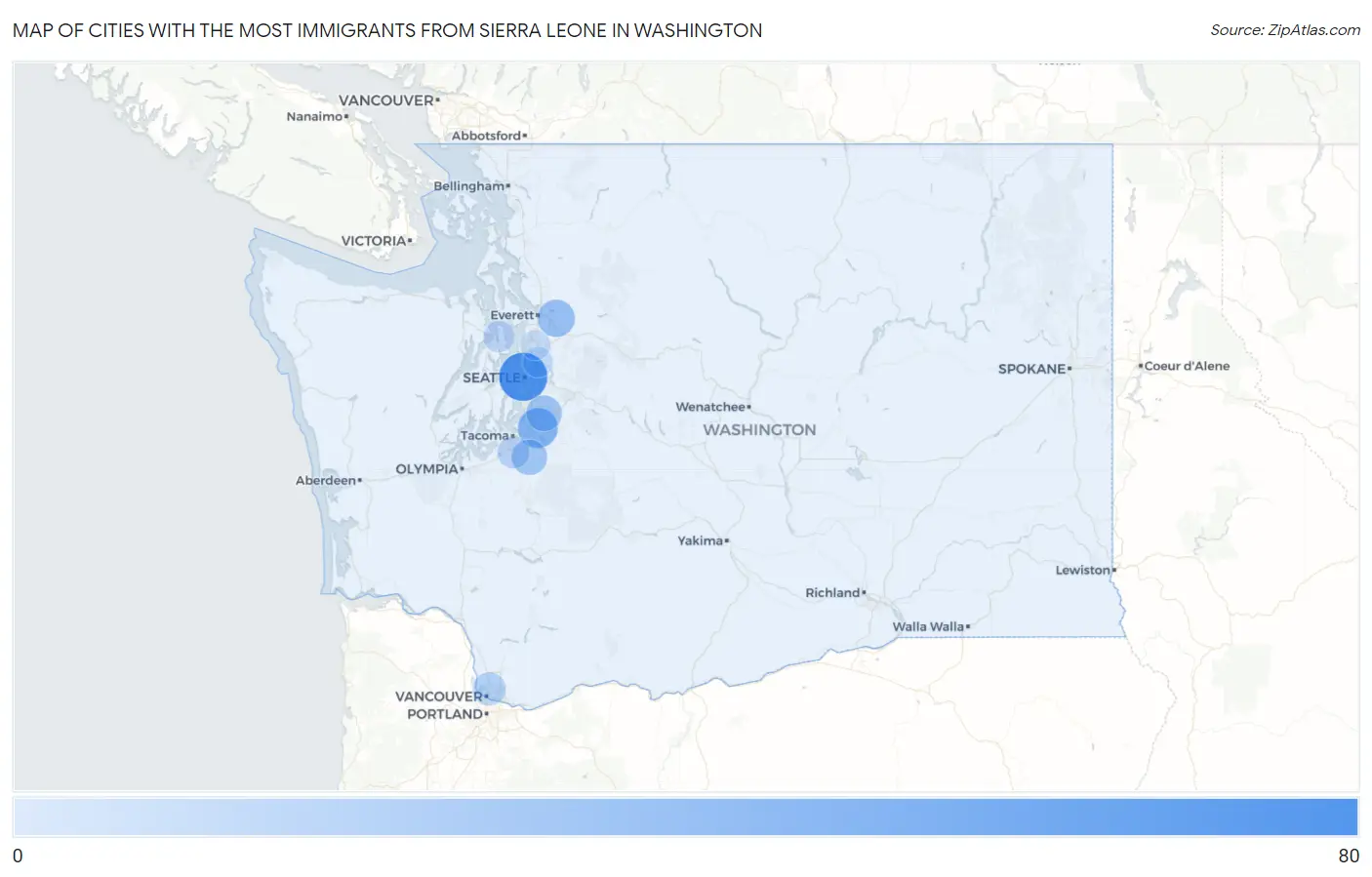 Cities with the Most Immigrants from Sierra Leone in Washington Map