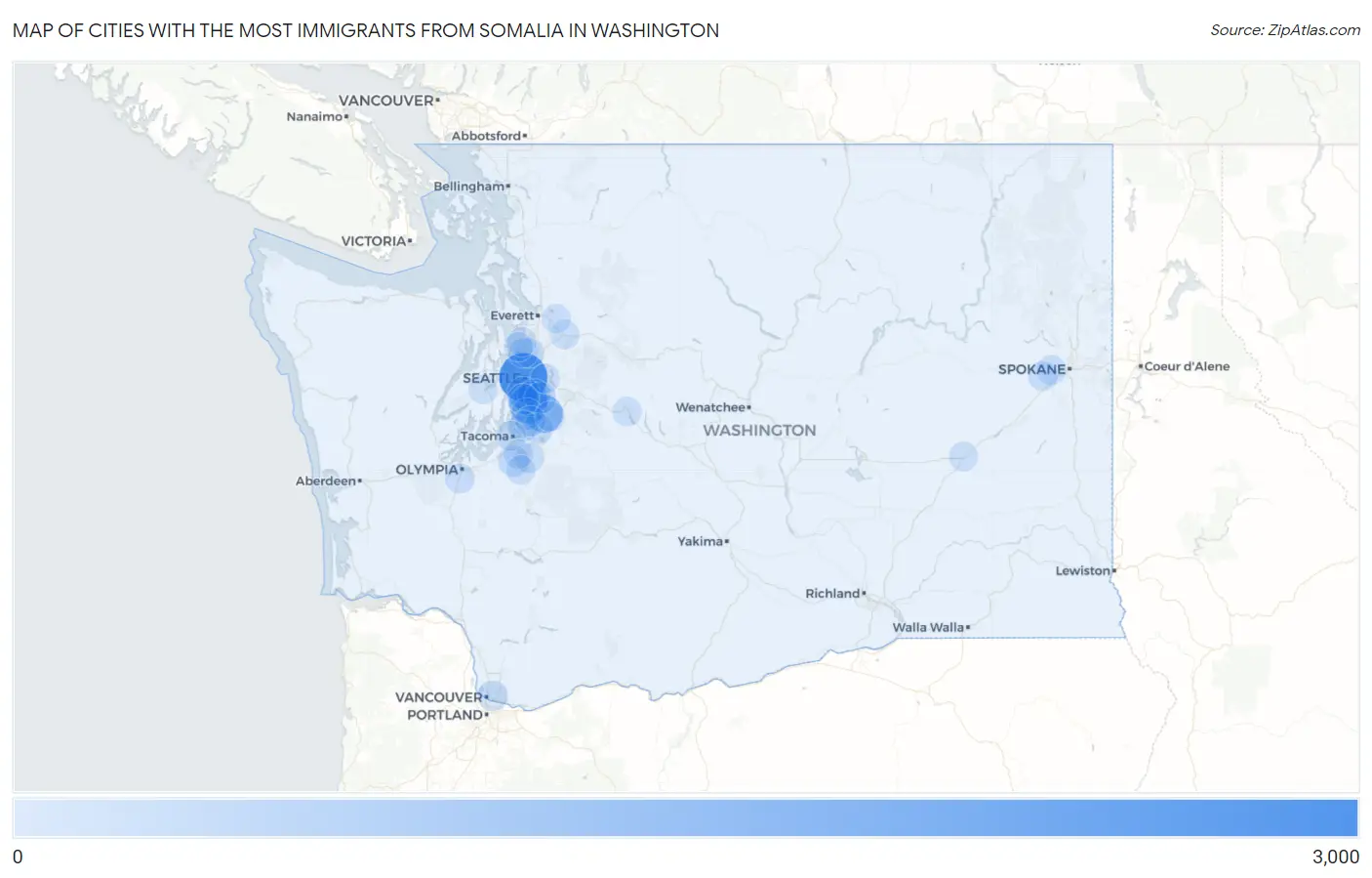 Cities with the Most Immigrants from Somalia in Washington Map