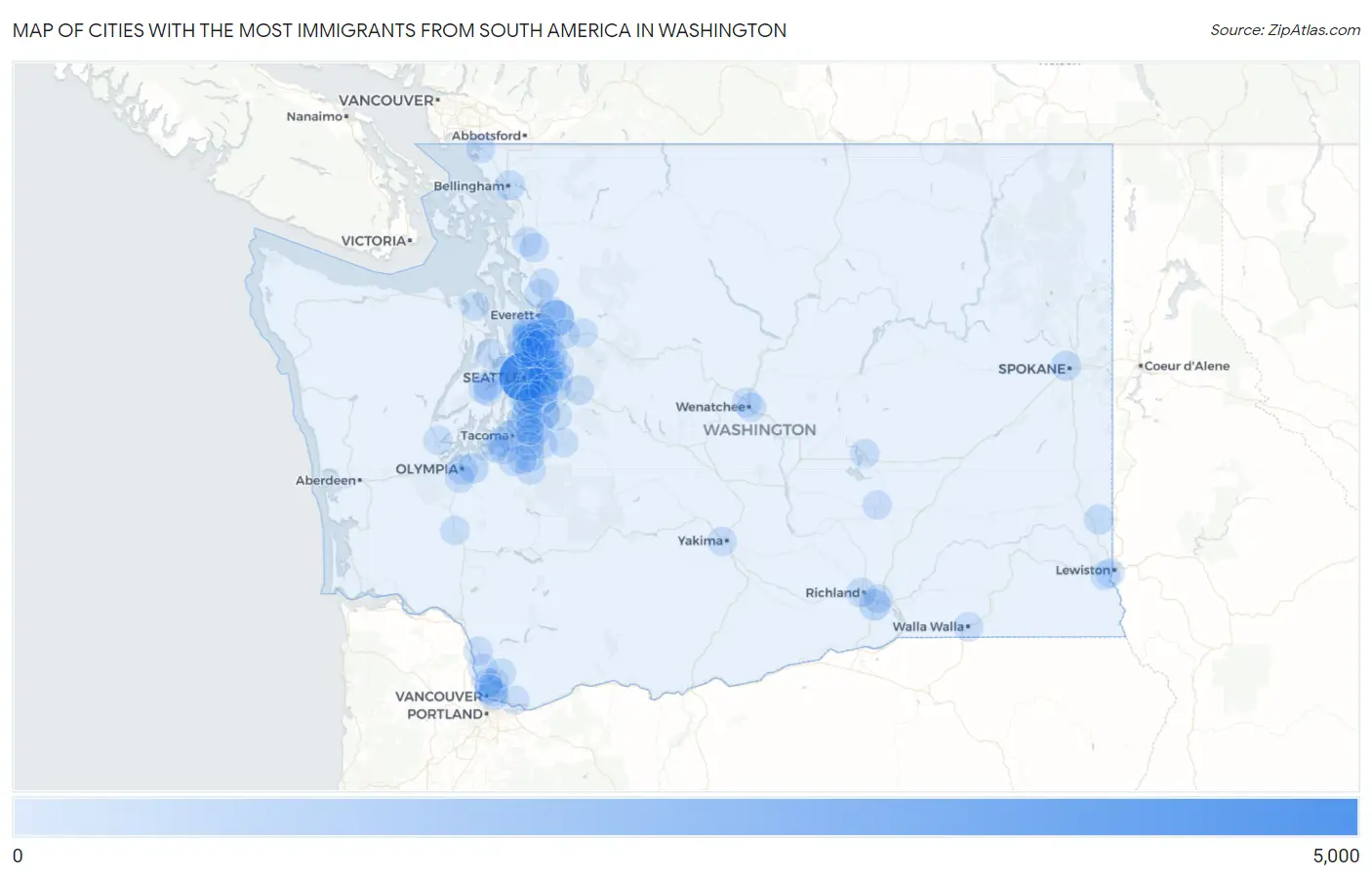 Cities with the Most Immigrants from South America in Washington Map