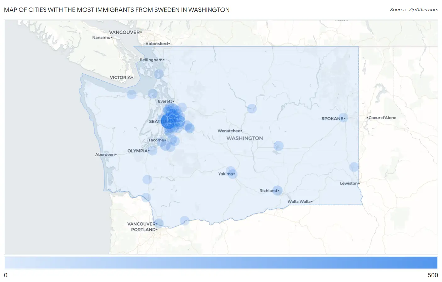 Cities with the Most Immigrants from Sweden in Washington Map