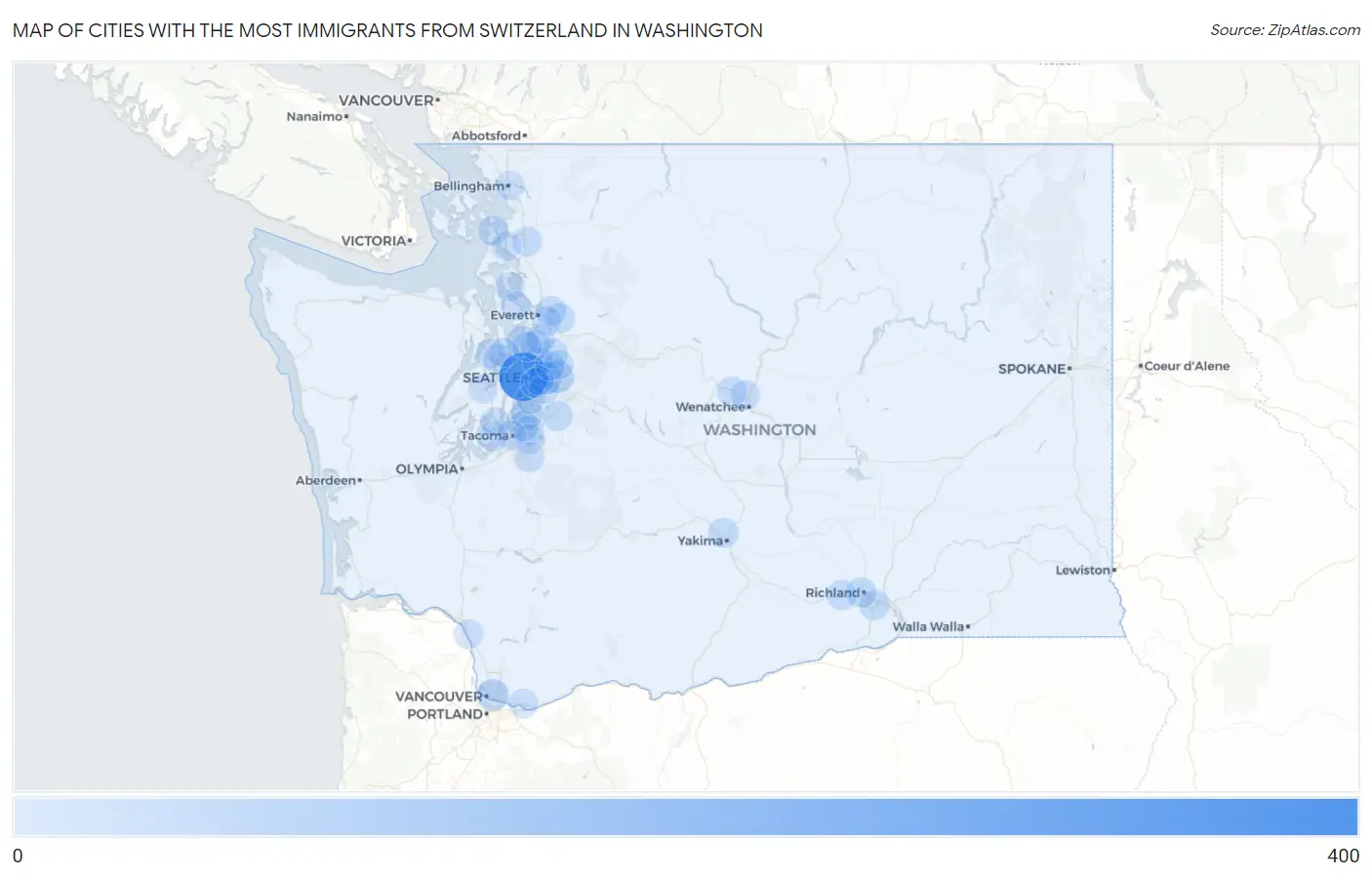 Cities with the Most Immigrants from Switzerland in Washington Map