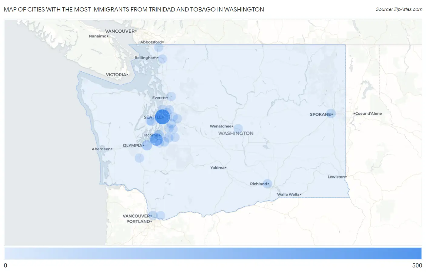 Cities with the Most Immigrants from Trinidad and Tobago in Washington Map