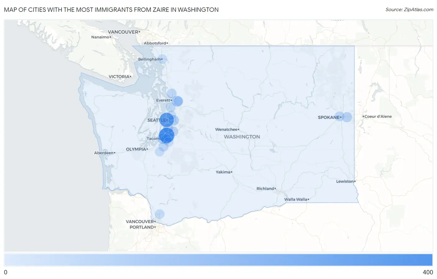 Cities with the Most Immigrants from Zaire in Washington Map