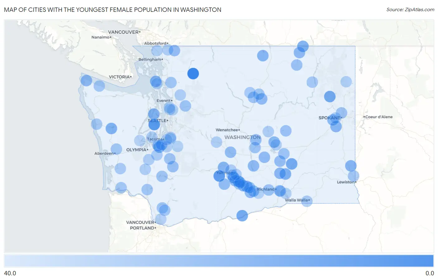 Cities with the Youngest Female Population in Washington Map