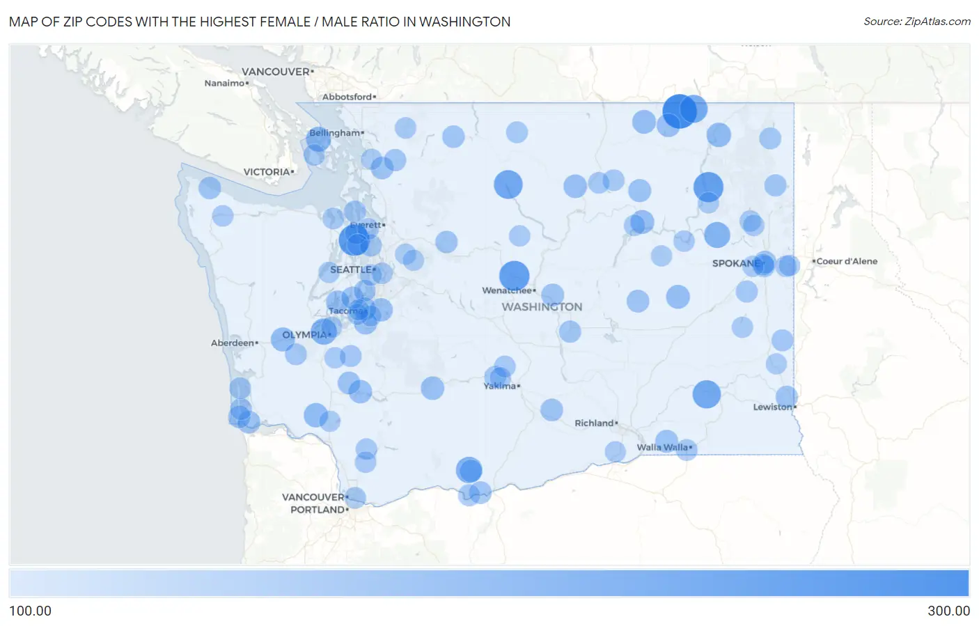 Zip Codes with the Highest Female / Male Ratio in Washington Map