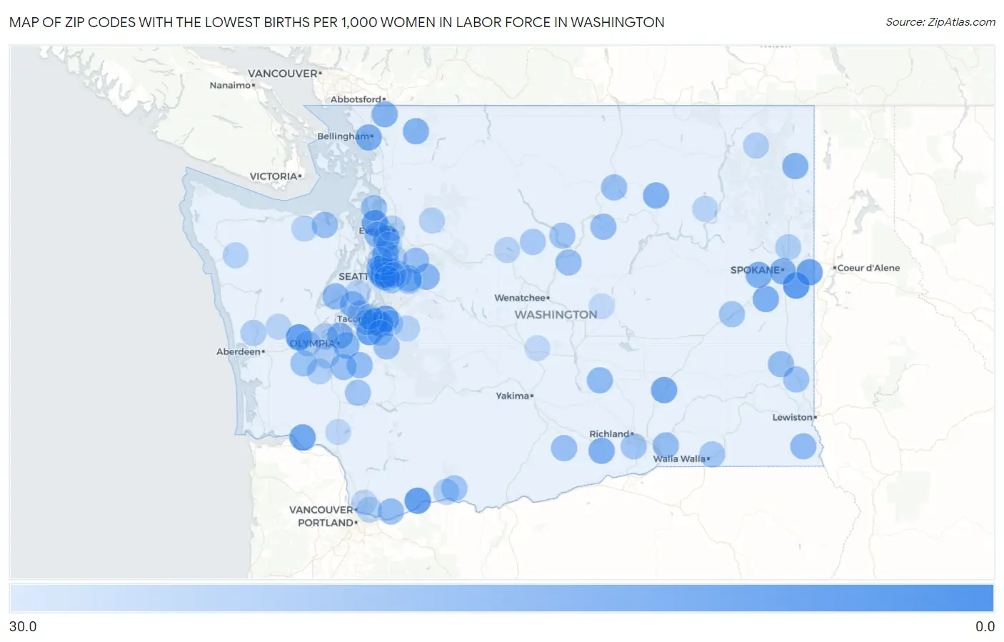 Zip Codes with the Lowest Births per 1,000 Women in Labor Force in Washington Map