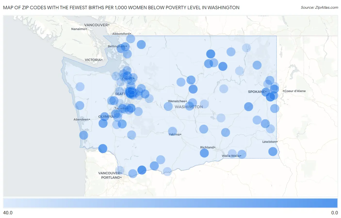 Zip Codes with the Fewest Births per 1,000 Women Below Poverty Level in Washington Map