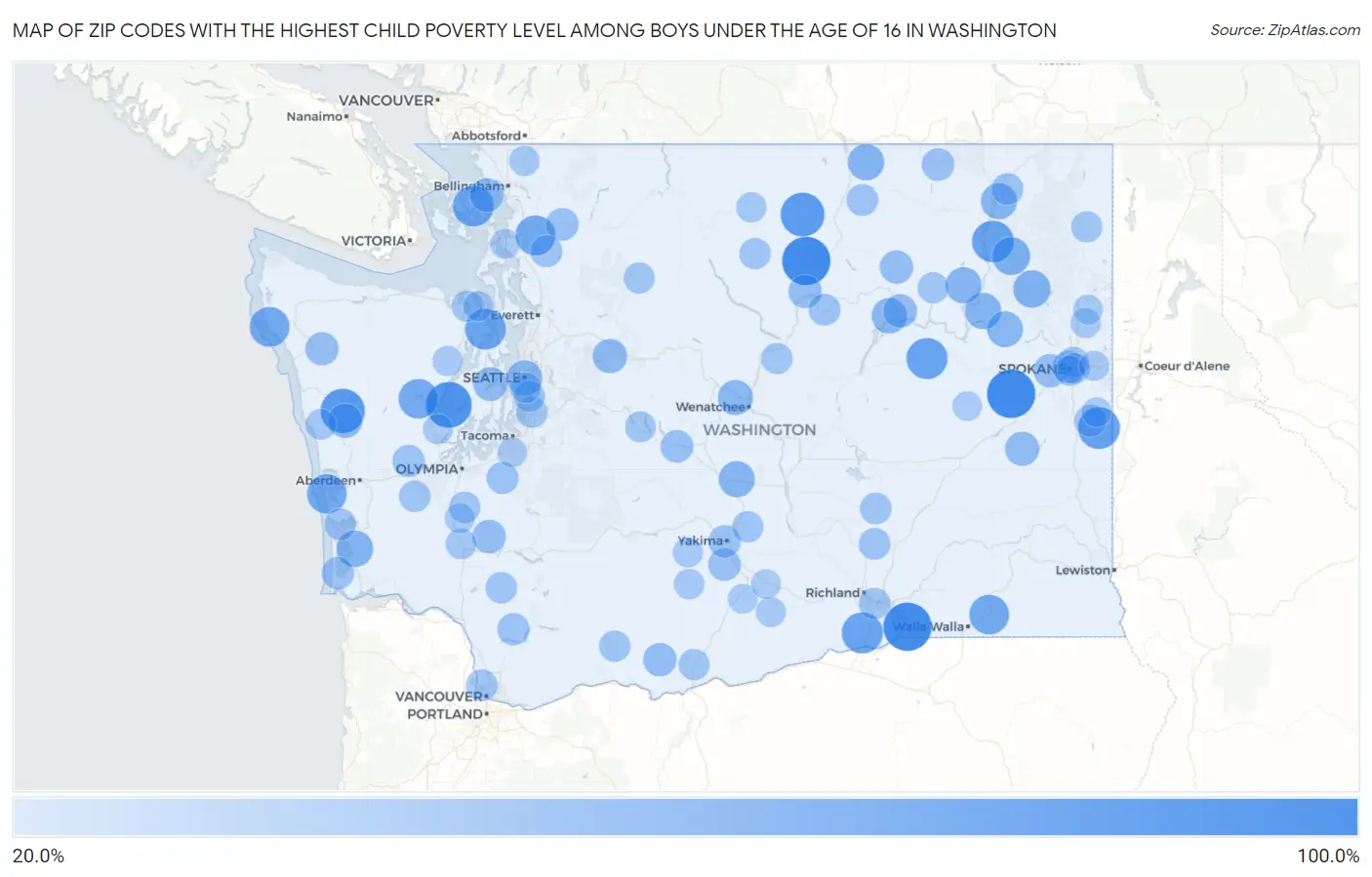 Zip Codes with the Highest Child Poverty Level Among Boys Under the Age of 16 in Washington Map
