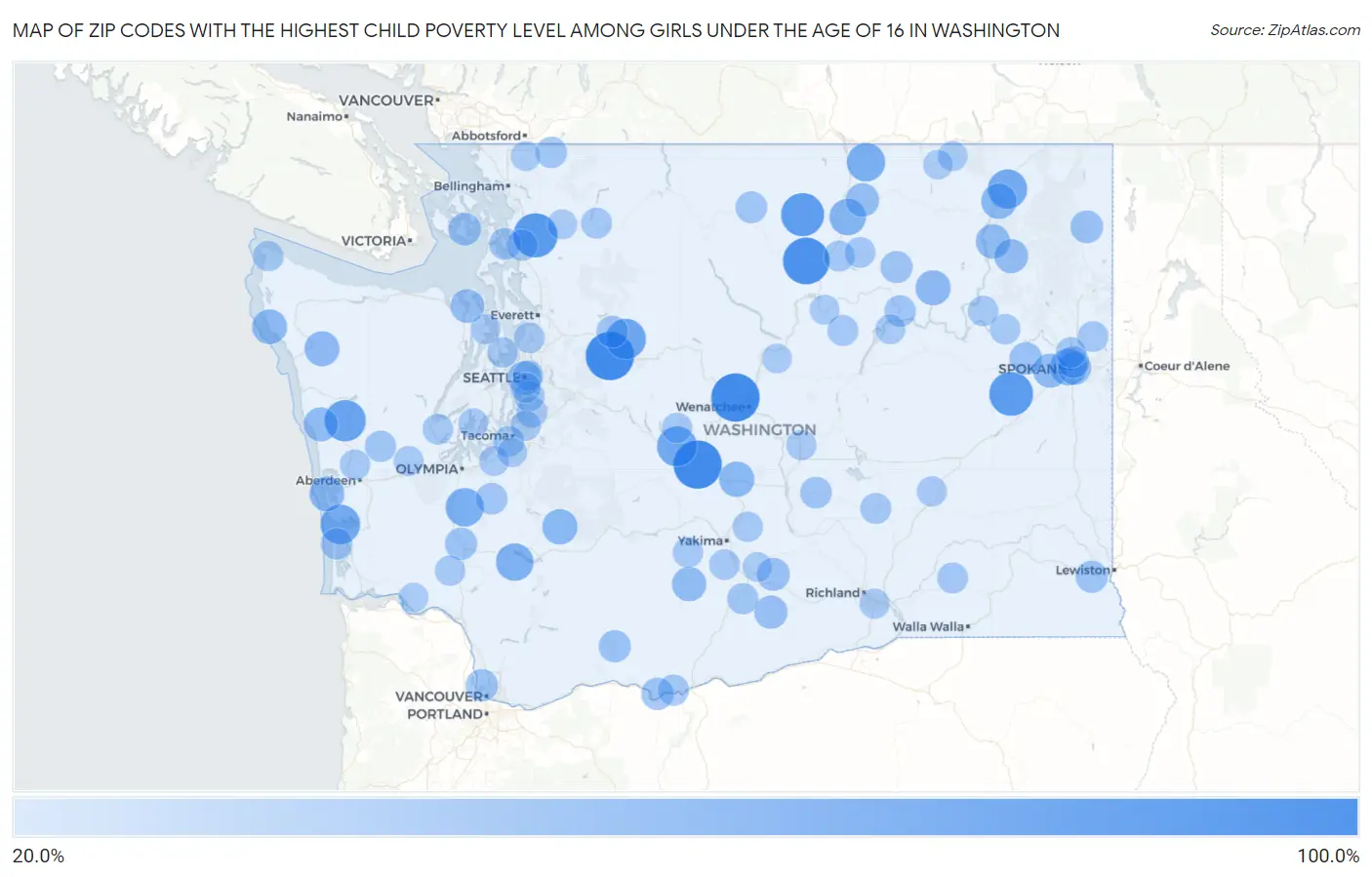 Zip Codes with the Highest Child Poverty Level Among Girls Under the Age of 16 in Washington Map