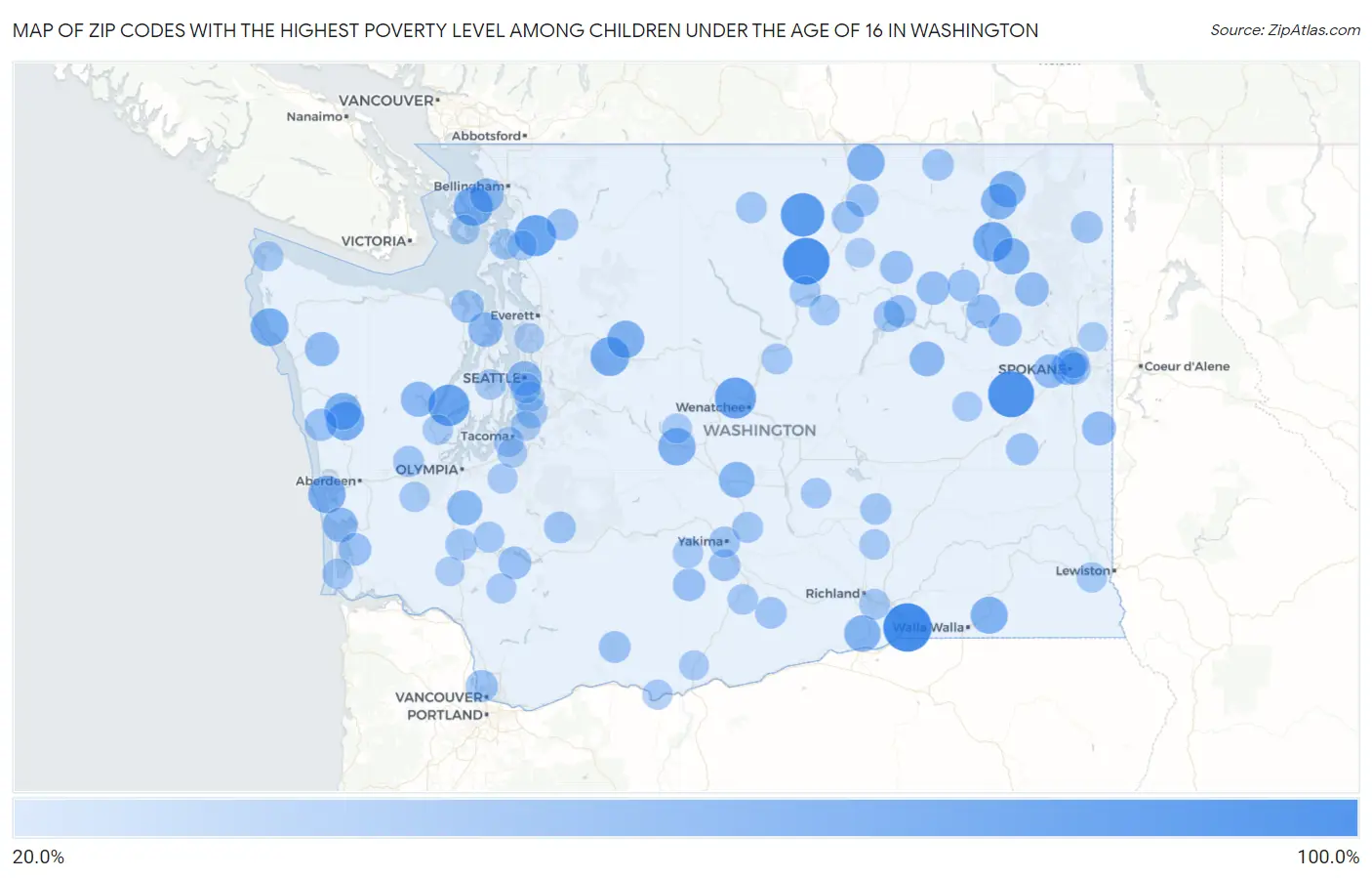 Zip Codes with the Highest Poverty Level Among Children Under the Age of 16 in Washington Map