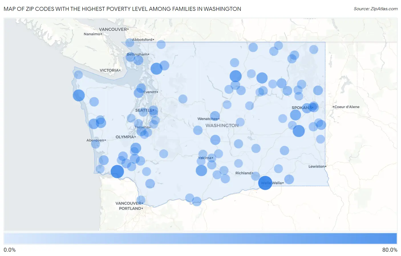 Zip Codes with the Highest Poverty Level Among Families in Washington Map