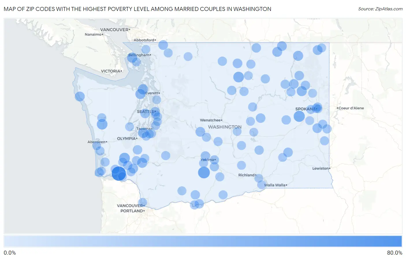 Zip Codes with the Highest Poverty Level Among Married Couples in Washington Map