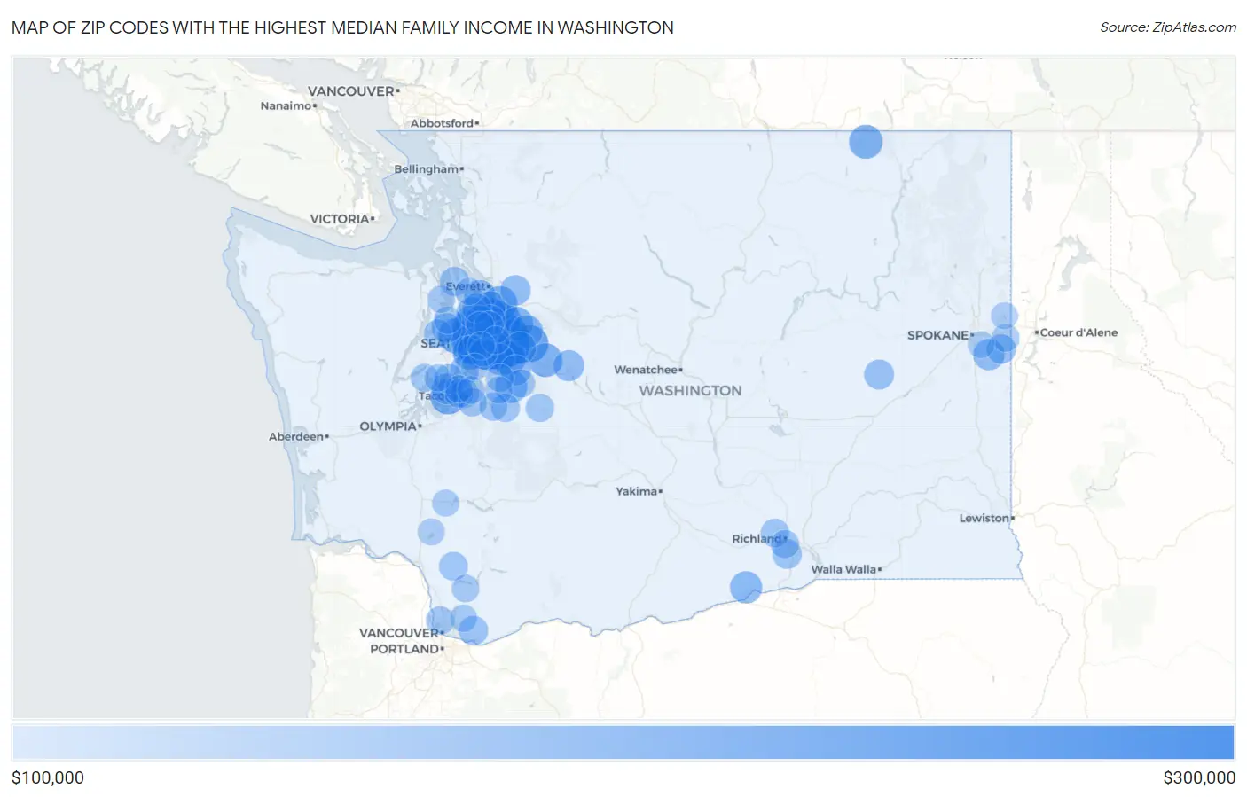 Zip Codes with the Highest Median Family Income in Washington Map