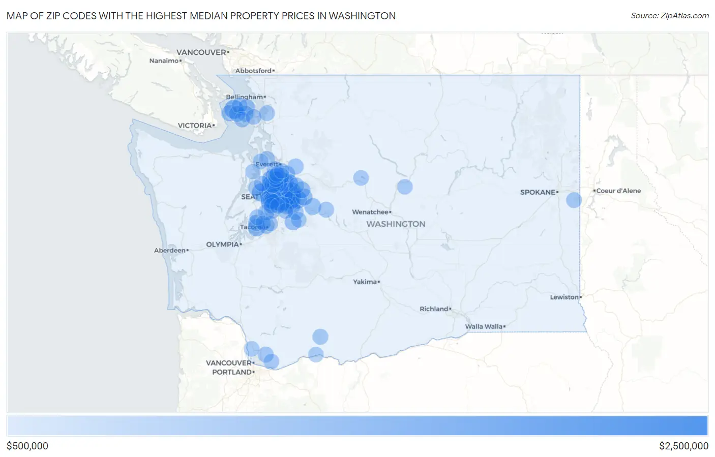 Zip Codes with the Highest Median Property Prices in Washington Map