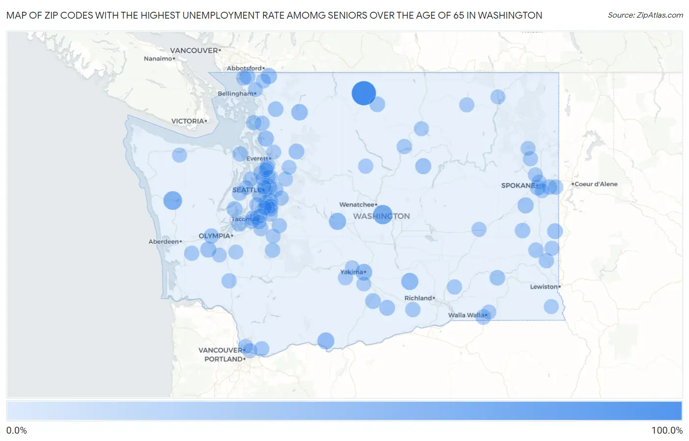 Zip Codes with the Highest Unemployment Rate Amomg Seniors Over the Age of 65 in Washington Map