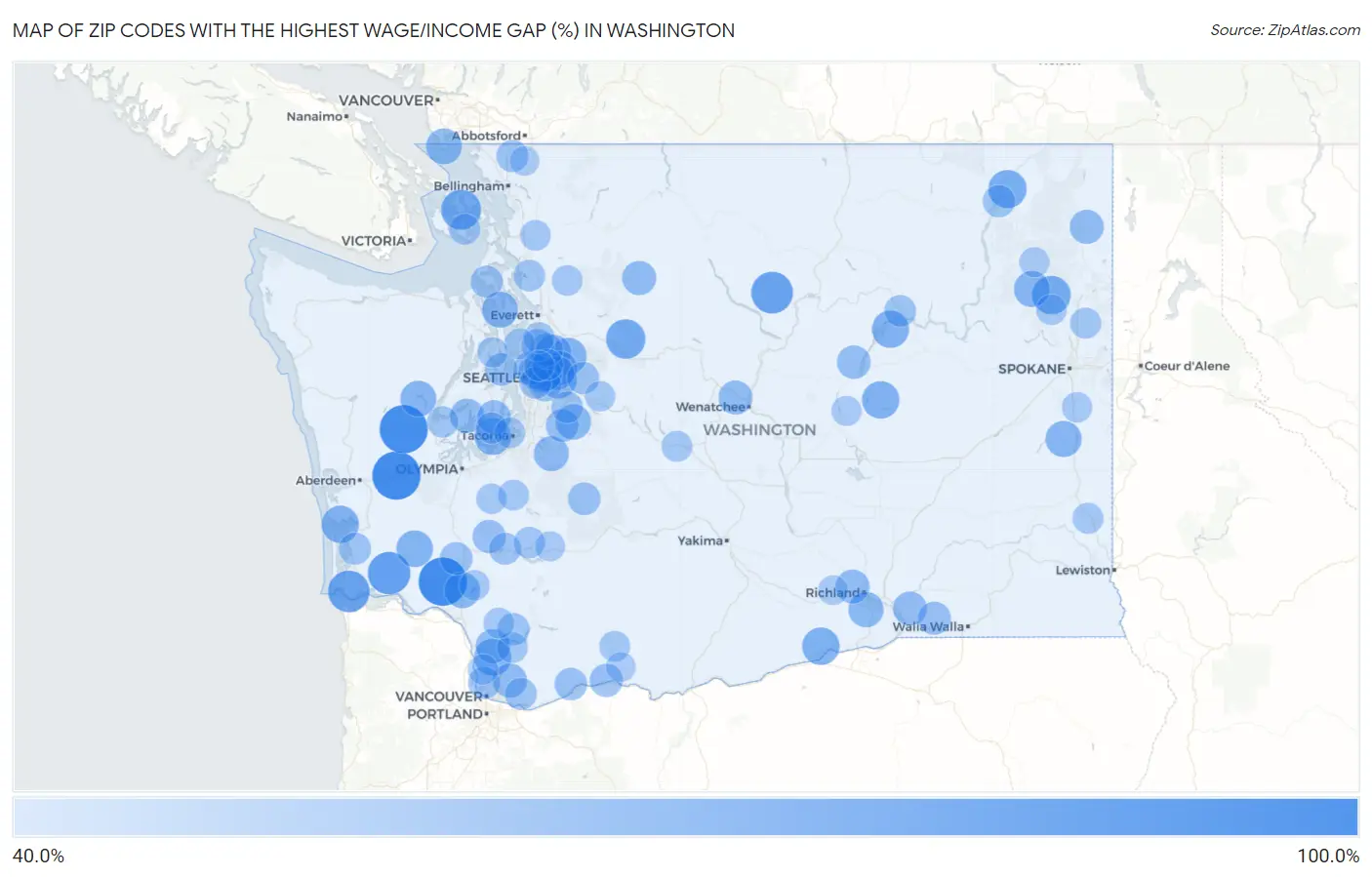 Zip Codes with the Highest Wage/Income Gap (%) in Washington Map