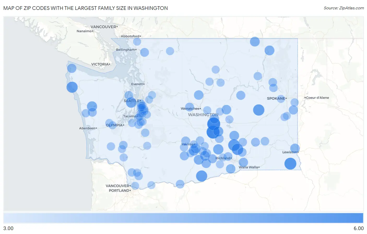 Zip Codes with the Largest Family Size in Washington Map