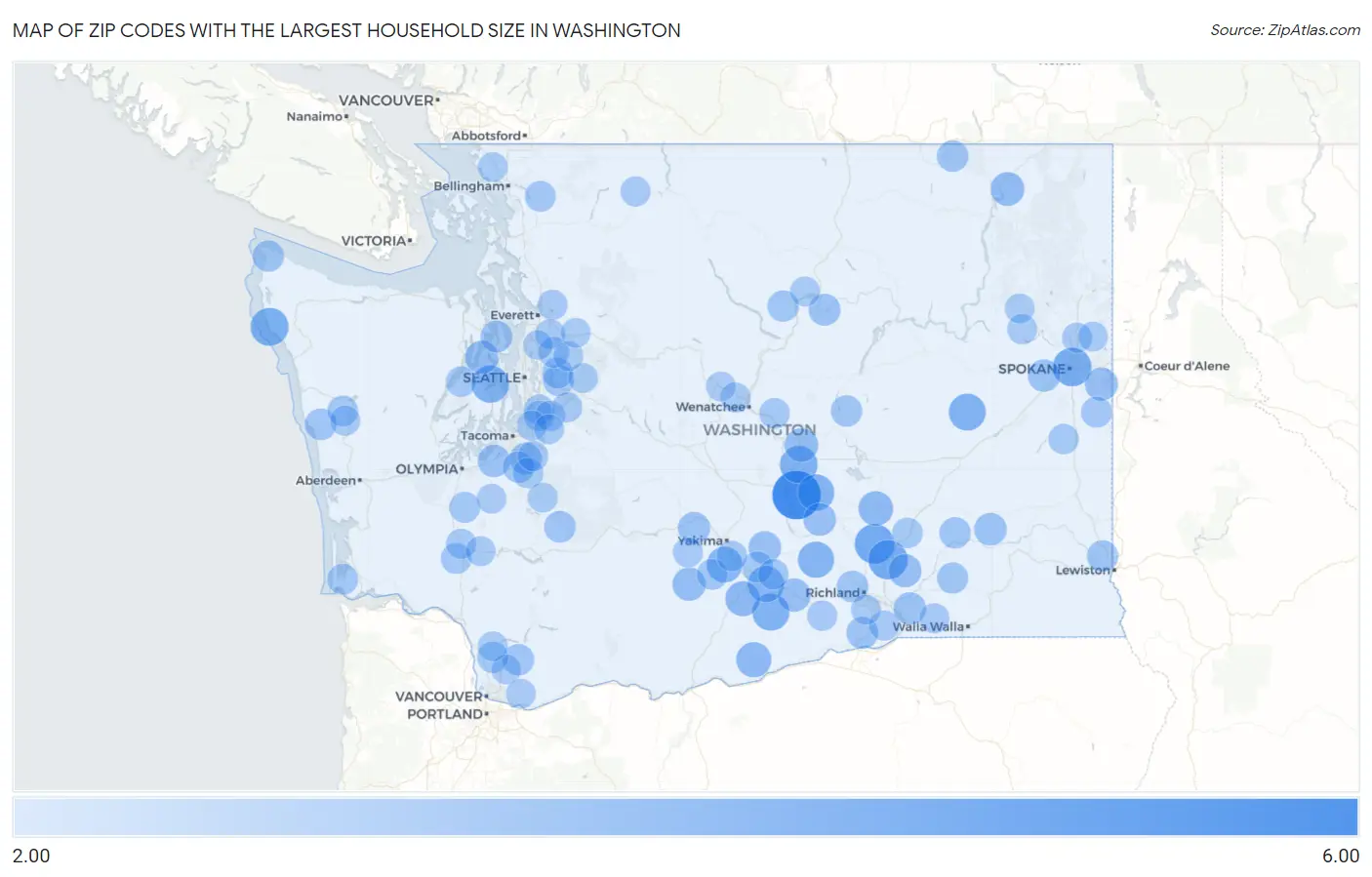 Zip Codes with the Largest Household Size in Washington Map