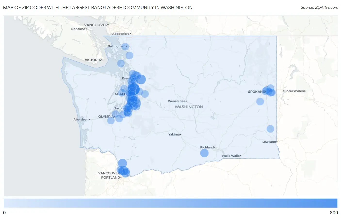 Zip Codes with the Largest Bangladeshi Community in Washington Map