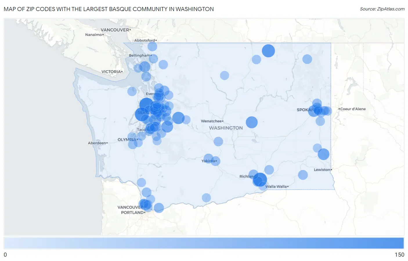 Zip Codes with the Largest Basque Community in Washington Map