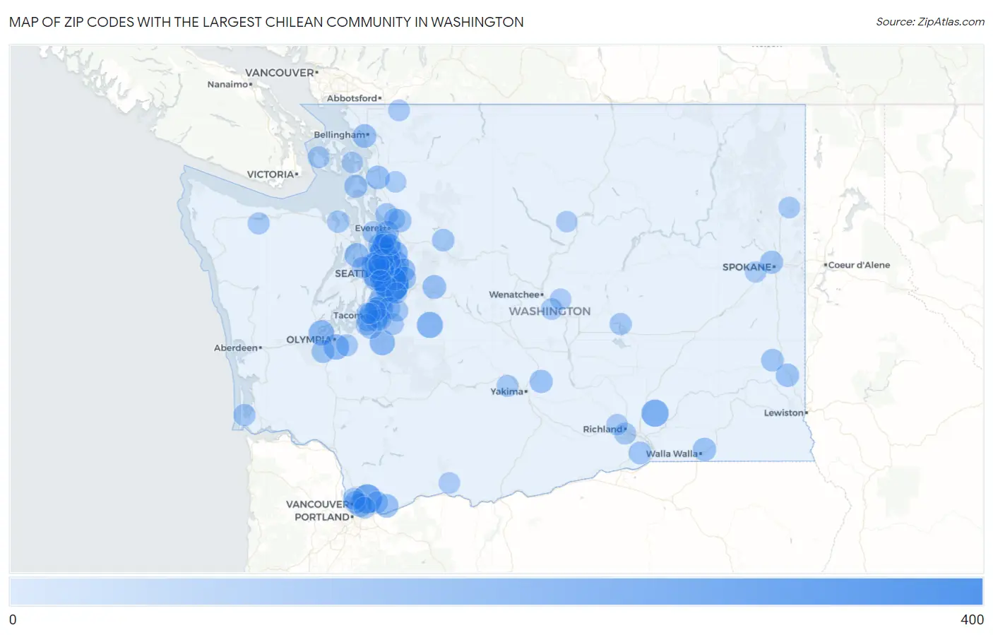 Zip Codes with the Largest Chilean Community in Washington Map