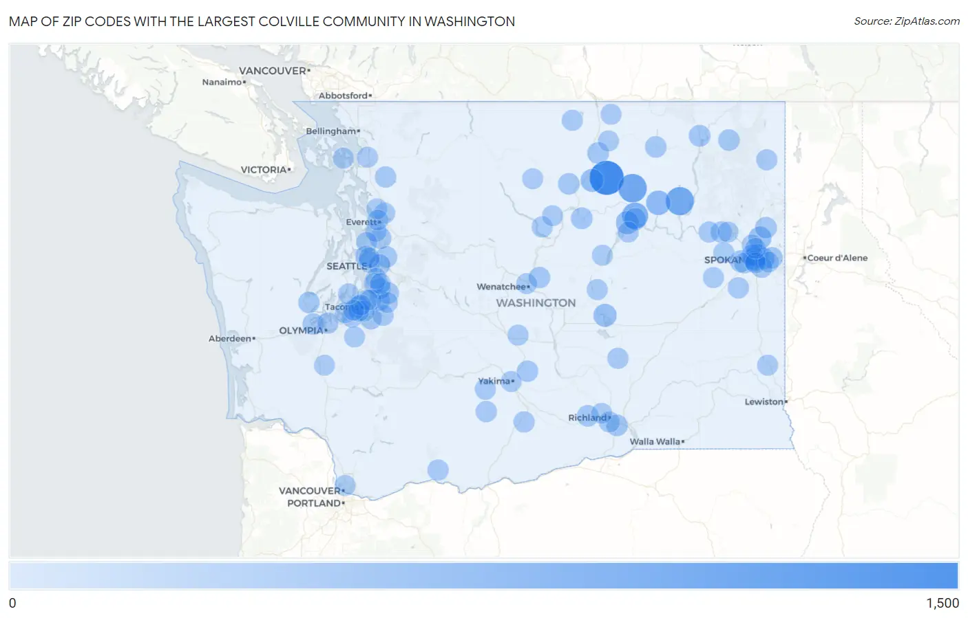Zip Codes with the Largest Colville Community in Washington Map