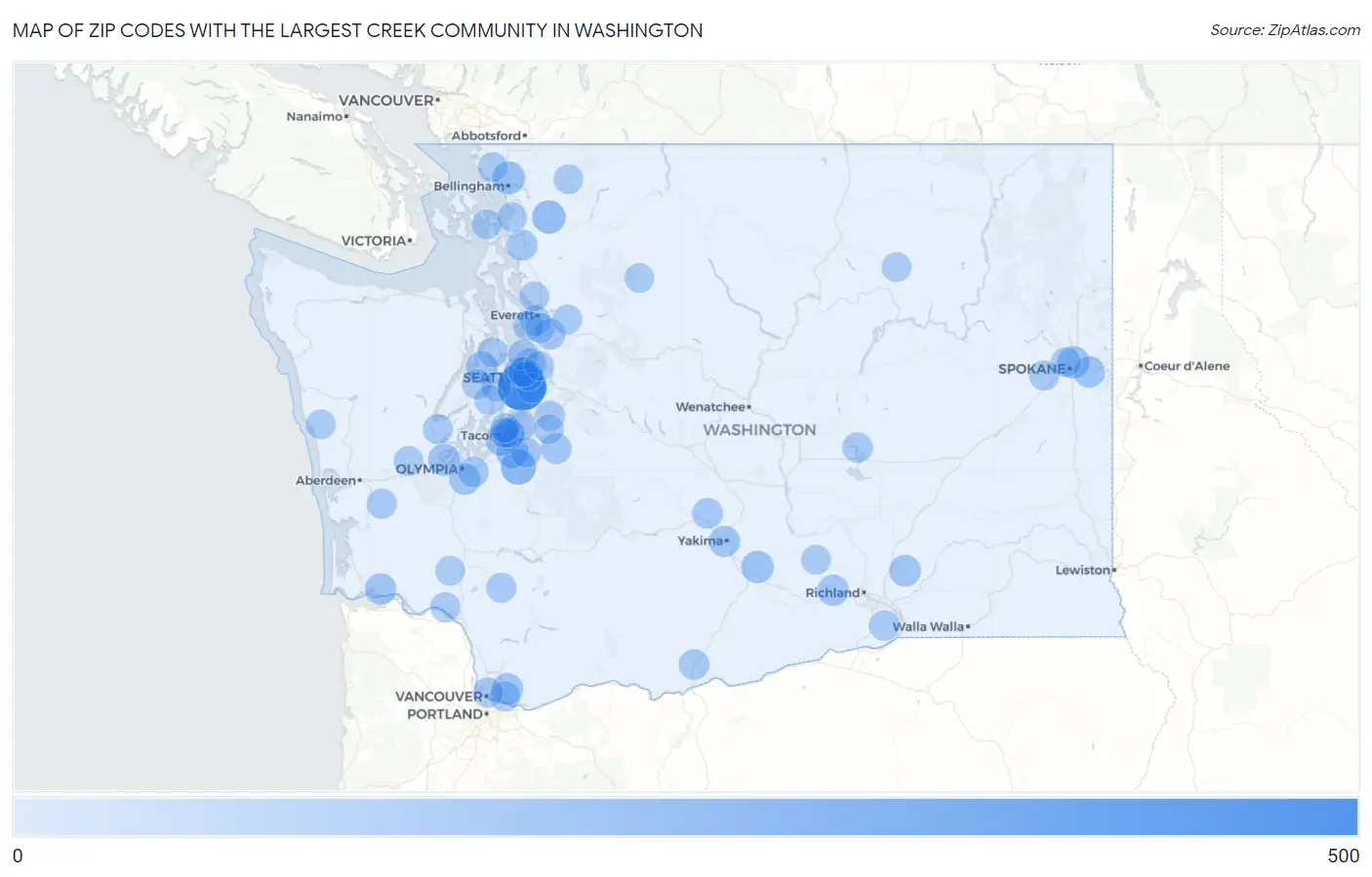 Zip Codes with the Largest Creek Community in Washington Map