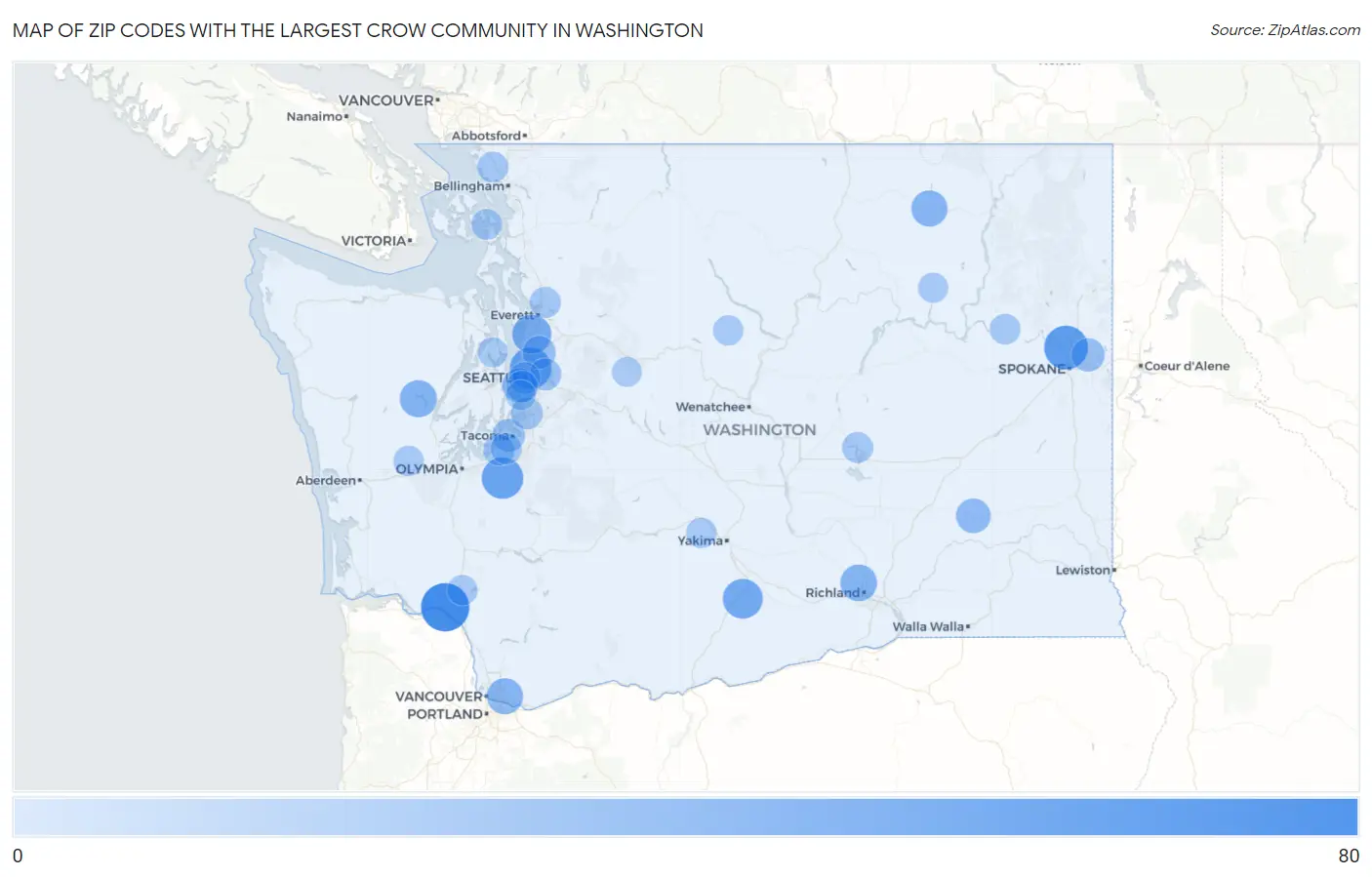 Zip Codes with the Largest Crow Community in Washington Map