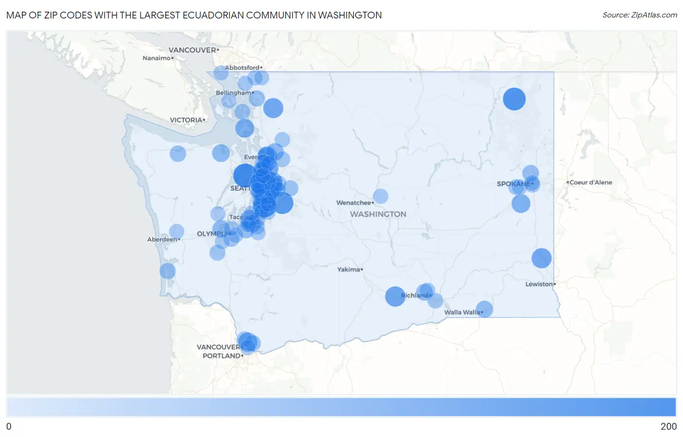 Zip Codes with the Largest Ecuadorian Community in Washington Map